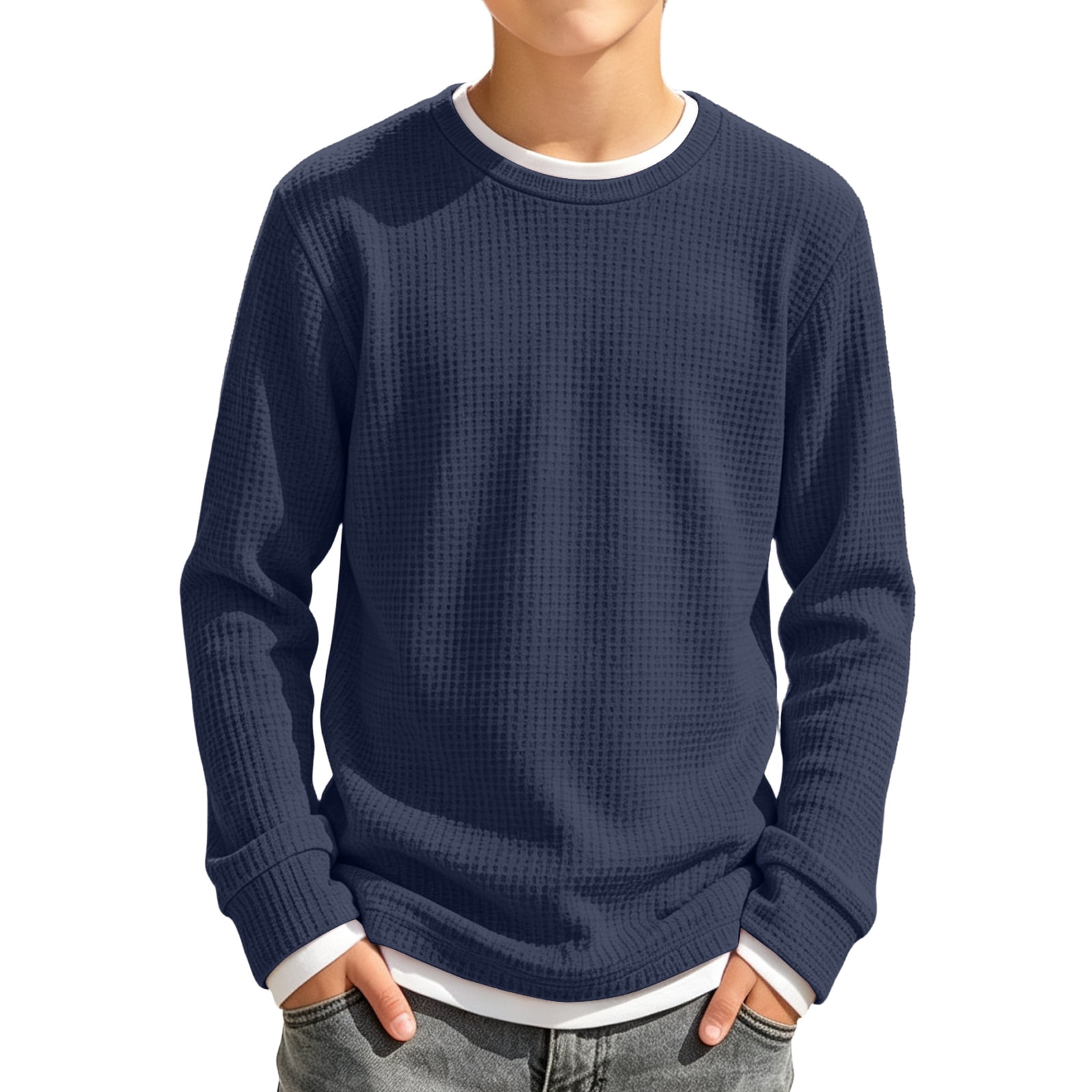Abcomgle Boys Long Sleeve Shirts 10-12 Crewneck Winter Shirts for Boys Waffle Basic Top for Boys Loose Fake Two Piece Boys Sweatshirts