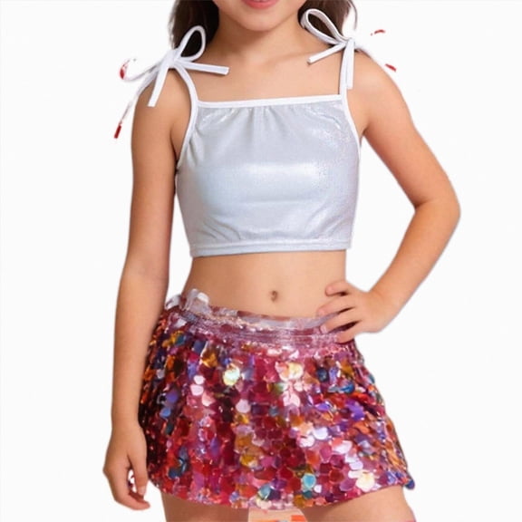Xyant Girls Sleeveless Tank Top Sequin Spaghetti Strap Crop Cami Camisole Sparkly Dance Blouse (Silver,13-14 Years)