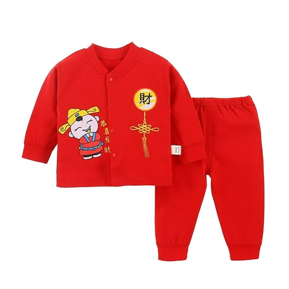 Ruyang Toddler Red Sweatsuit Outfits Tang Suits Boys Girls Print Buttons Top Solid Pants Chinese Calendar New Year Clothes