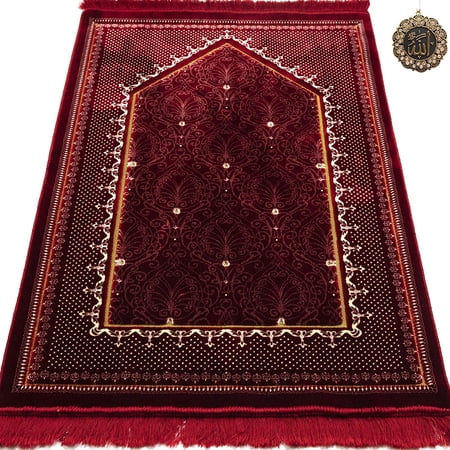 Modefa Prayer Rug | Free Car Hanger | Wide Double Plush Extra Large | Turkish Velvet Janamaz Sajjadah | Topkapi Red