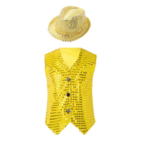 TiaoBug Kids Boys Girls Shirt Vest with Hat Shiny Sequins Hip-Hop Street Dance Performance Waistcoat Yellow 3-4
