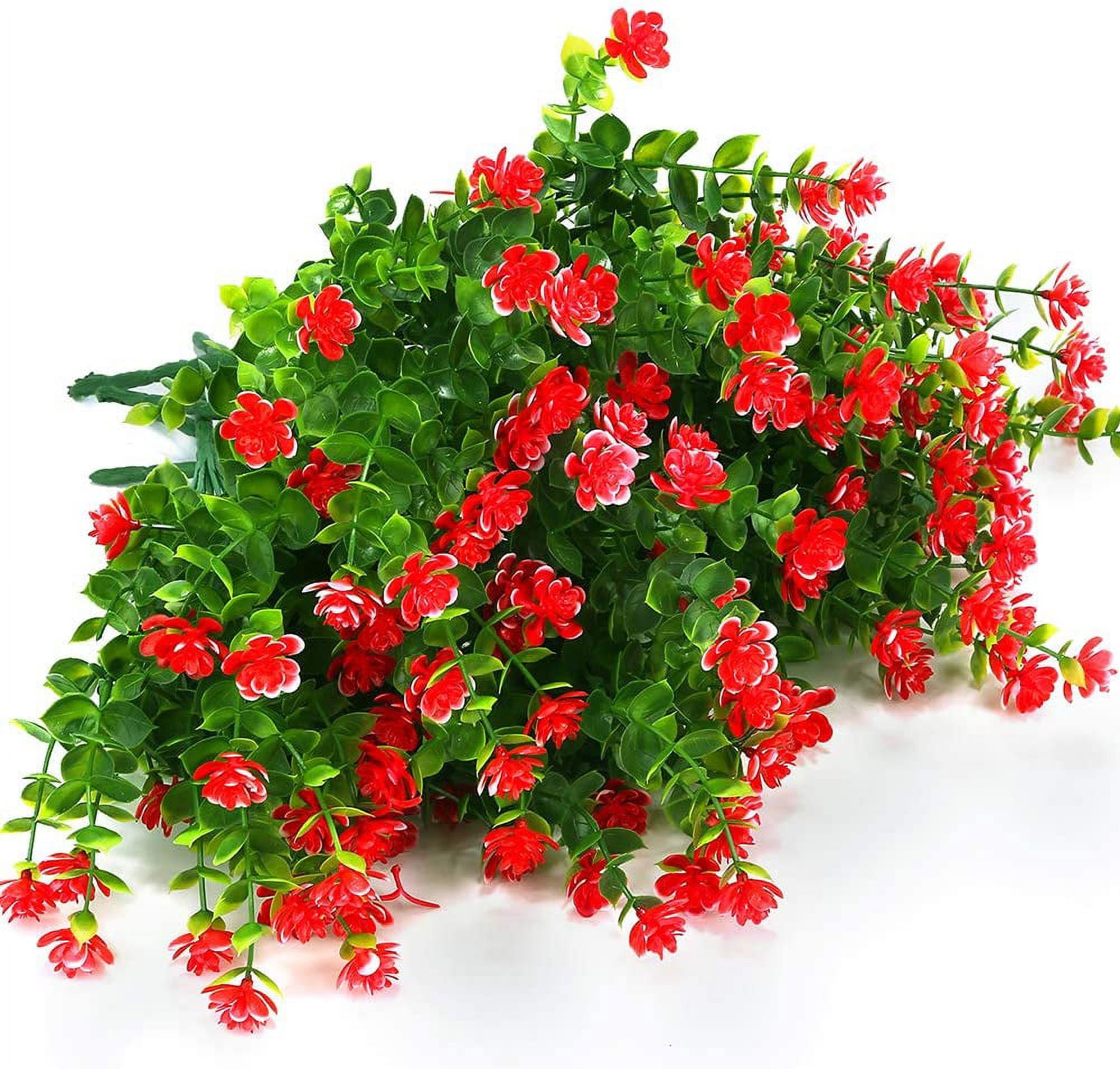 Sinhoon 12 Bundles Outdoor Artificial Flowers UV Resistant Fake Boxwood Plants, Faux Plastic Greenery for Indoor Outside Garden Home Wedding Farmhouse Decor (Red)