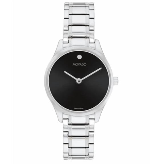 Movado 0607960 Black Dial Silver Stainless Steel Bracelet 28mm Womens Watch