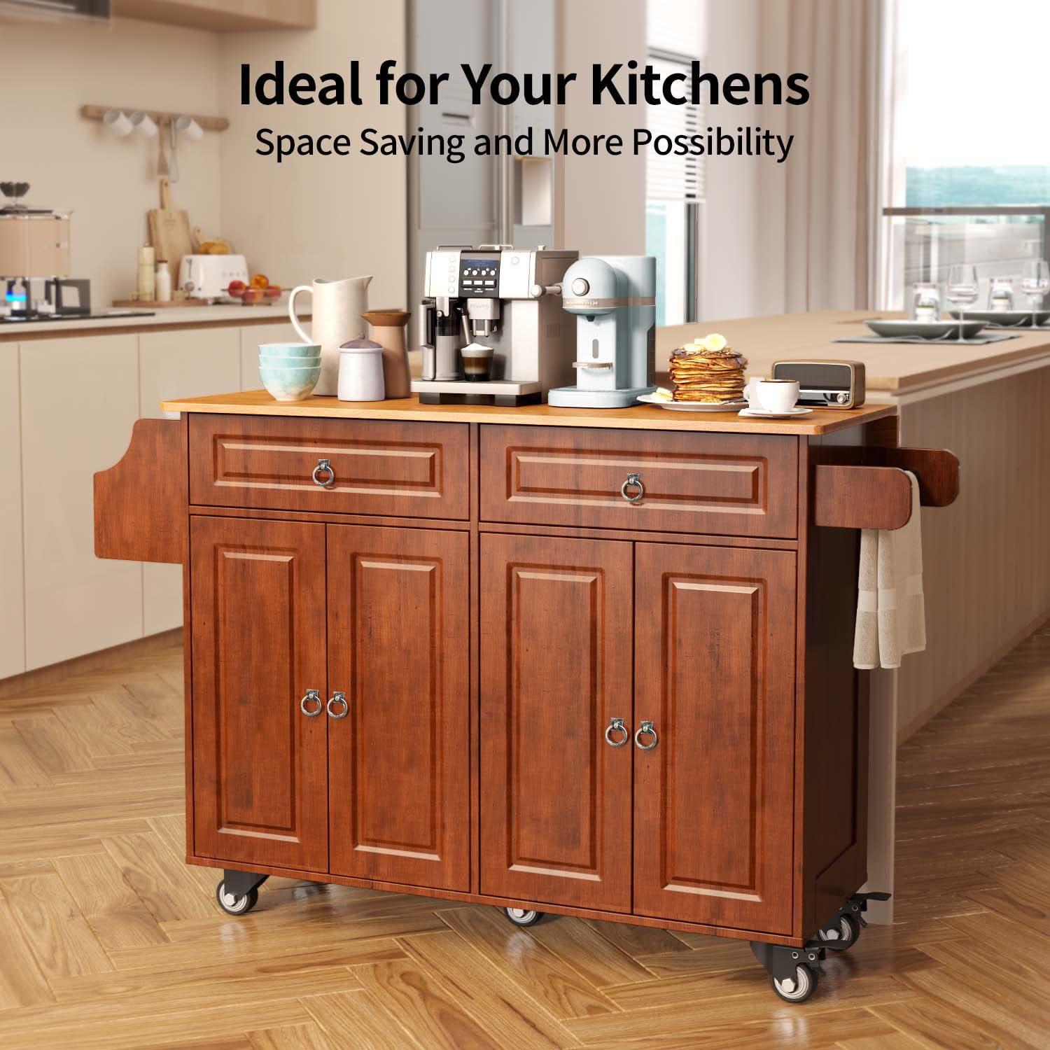 Lofka Kitchen Islands Carts with Storage, 52” kitchen Islands with 2 Storage Cabinet, Spice Rack, Towel Rack, Brown