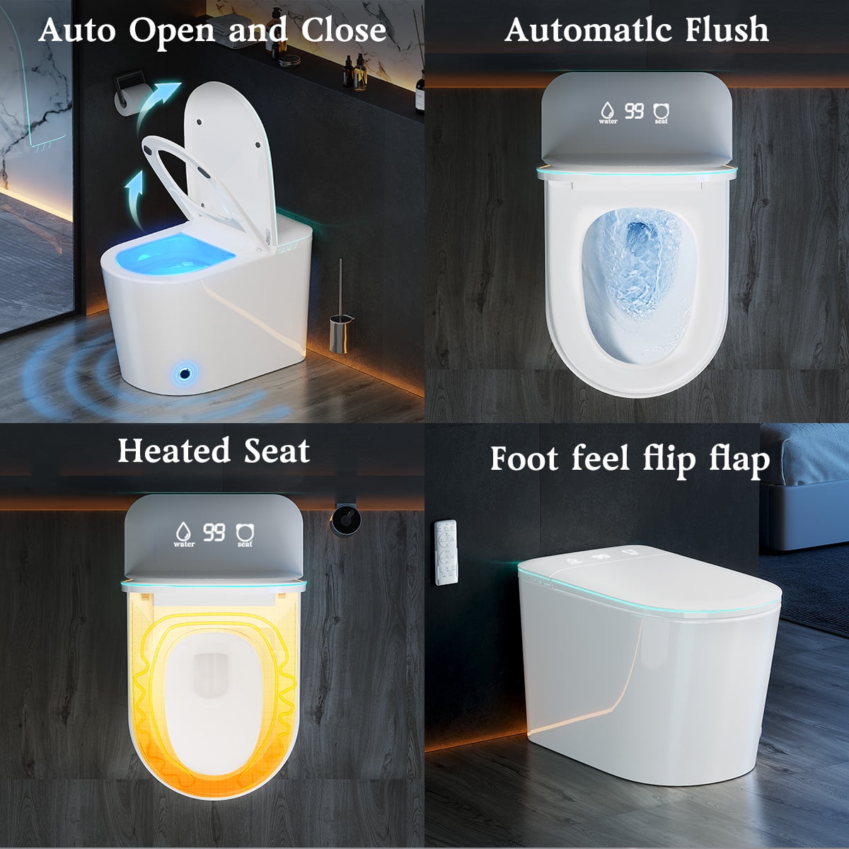 Smart Bidet Toilet Built-in Bidet, Heated Seat, Night Light, Tankless, Auto Soft Close, Deodorization, Dryer & Foot Sens