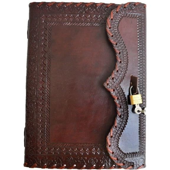 Jaald 10" Leather Journal Blank Notebook Handmade Travel Diary with Lock Writing Bullet Journal Christmas Gift Brown Sketchbook for Artists