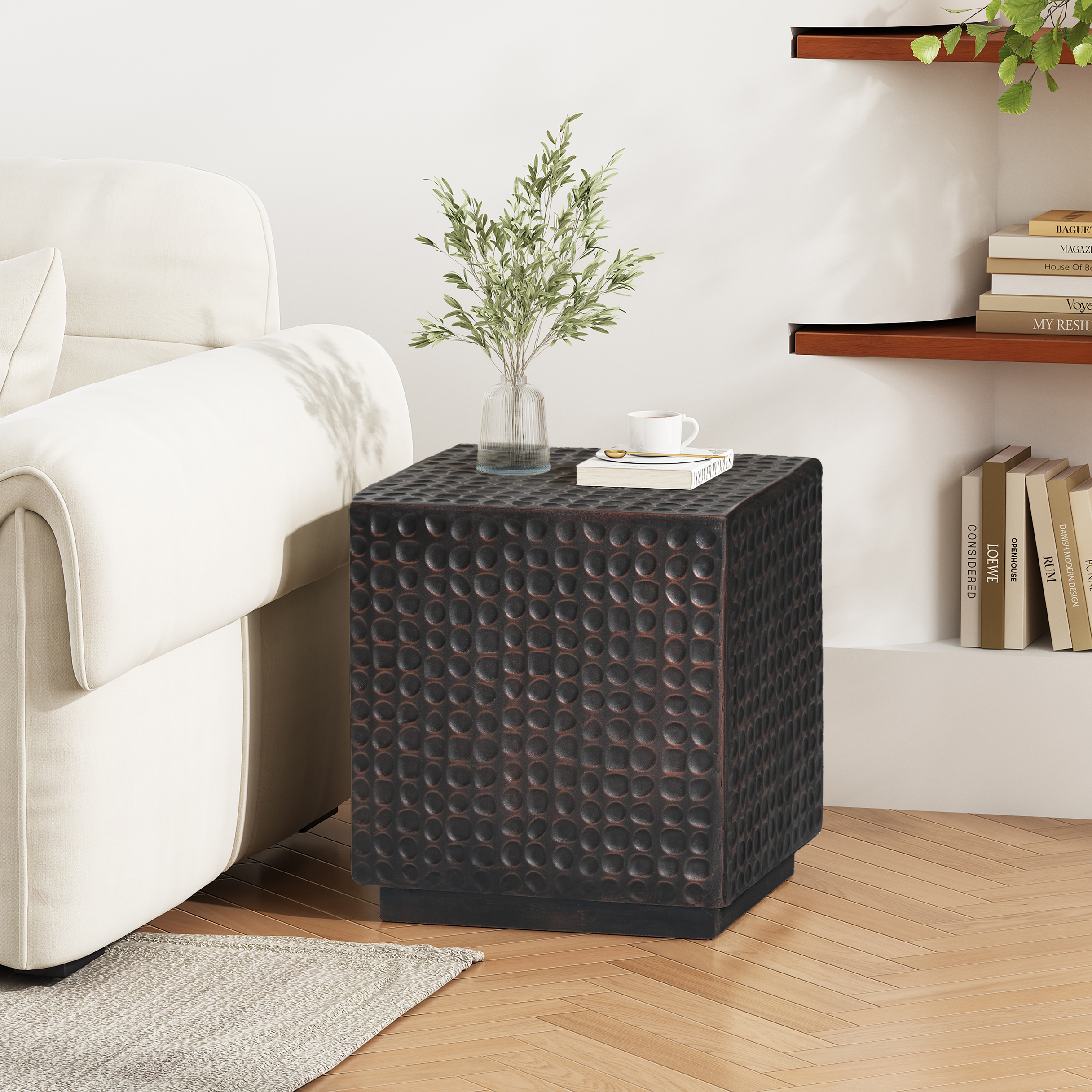 Cube Fluted Side Table, Outdoor Patio End Coffee Table for Garden Backyard, Antique Copper