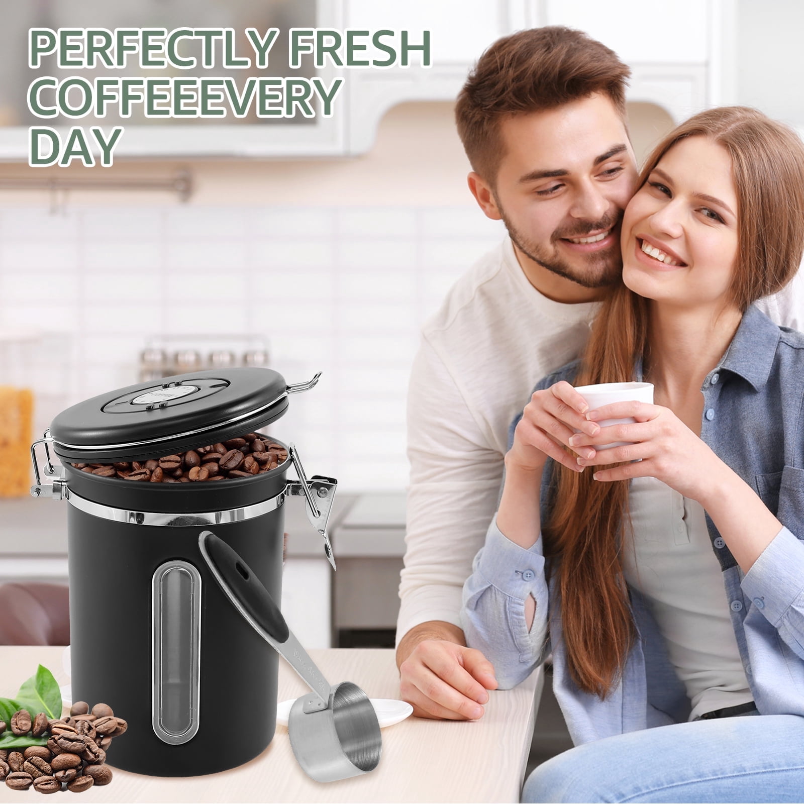 FUYGRCJ Coffee Canister,Tea CanisterAirtight Stainless Steel Kitchen Food Storage Container with Date Tracker and Scoop for Grounds Coffee,Beans,Flour,Cereal,Sugar,1.8L,Black