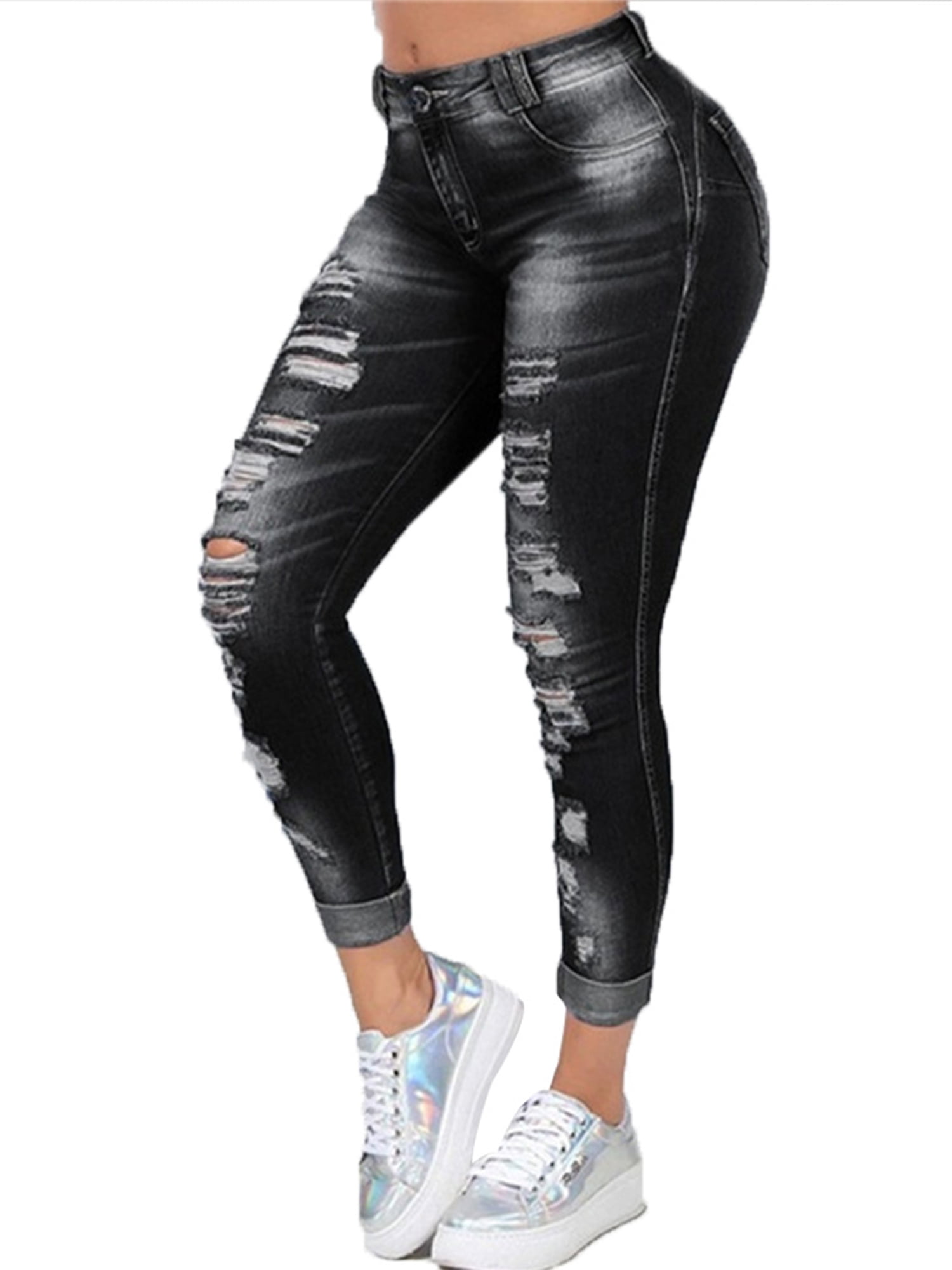 Plus Size Women'S Skinny Distressed Denim Jeans Ripped Jeggings Pants Trousers 