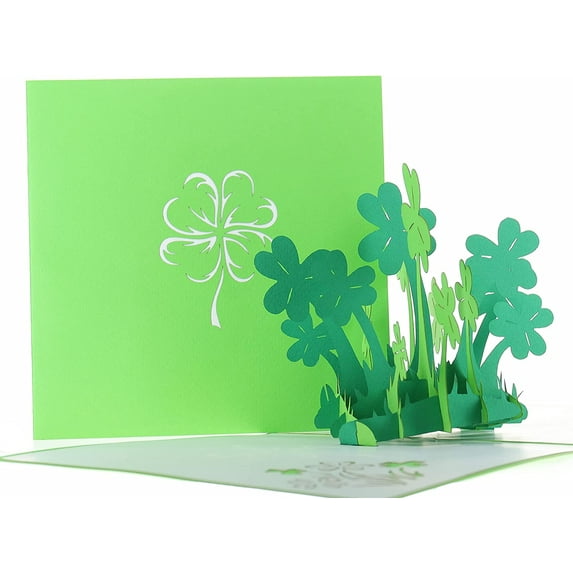 iGifts And Cards Happy St. Patrick's Day Clover 3D pop up card - Awesome, Cute, Fun, Cool, Luck, Unique, Irish, Green, Four-Leaf, Half-Fold, Special Occasion, St. Paddy's, Celebration, Shamrock, Best