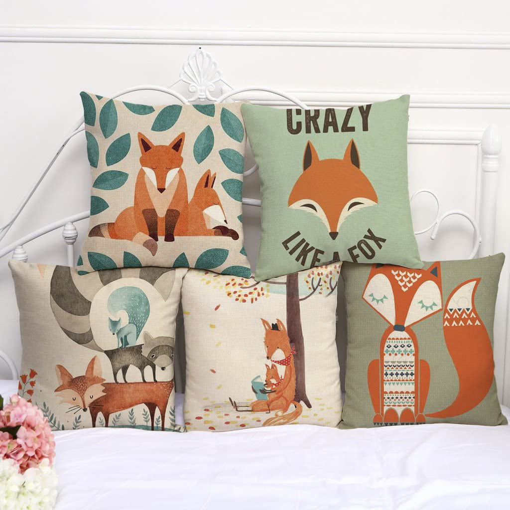 ChezMax Cute Fox Pattern Cushion Cover Cotton Linen Pillowslip Square Decorative Throw Pillow Case 18 X 18''