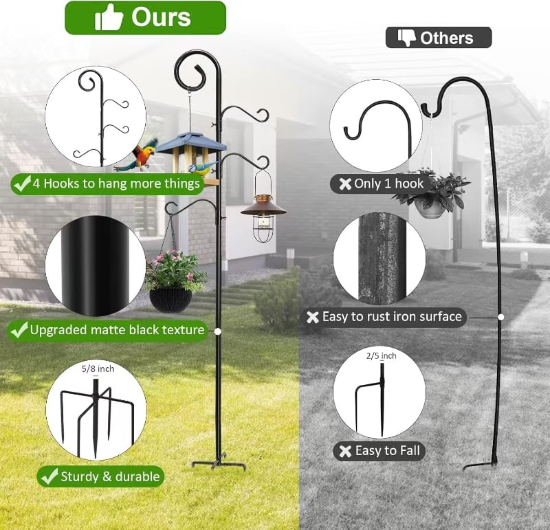 Circles 76 Inch Shepherds Hooks for Outdoor 2 Pack, Bird Feeder Poles with 4 Hooks, Shepherds Hook for Bird Feeders Outside with Base, Garden Pole for Hanging Plant Baskets, Weddings Decor (76 Inch)