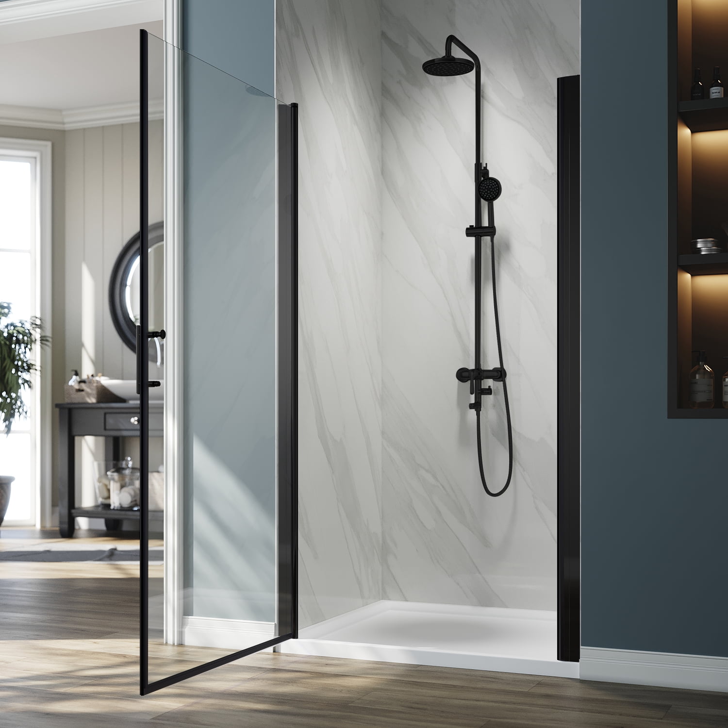 Sunny Shower 32'' W x 72'' H Pivot Swing Shower Door Polished in Chrome Finish with 3/16 in. Glass