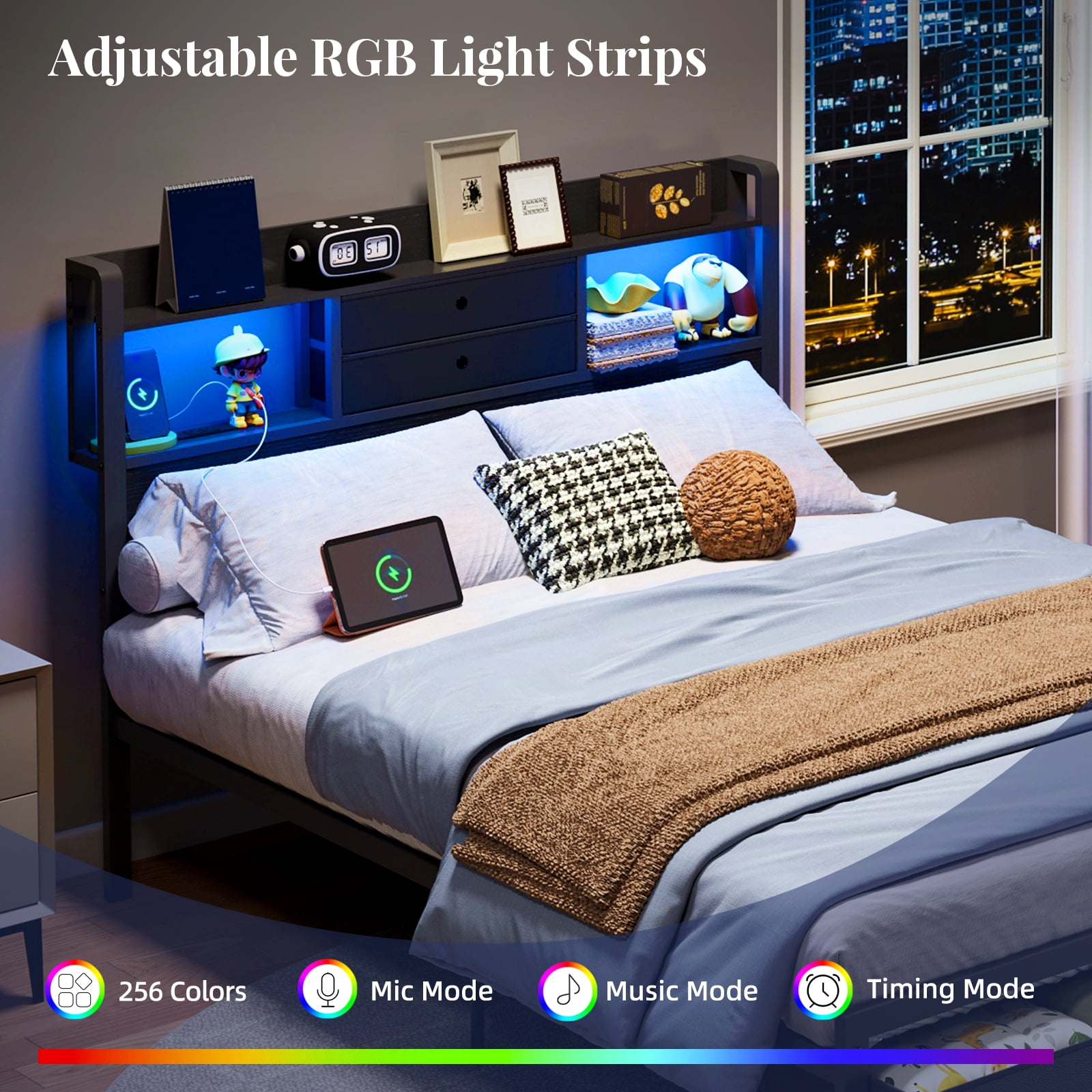 Fairy Full Size Bed Frame with Storage Headboard, LED Lights and Charging Station, Metal Platform Bed with 2 Drawers, No Box Spring Required, Black
