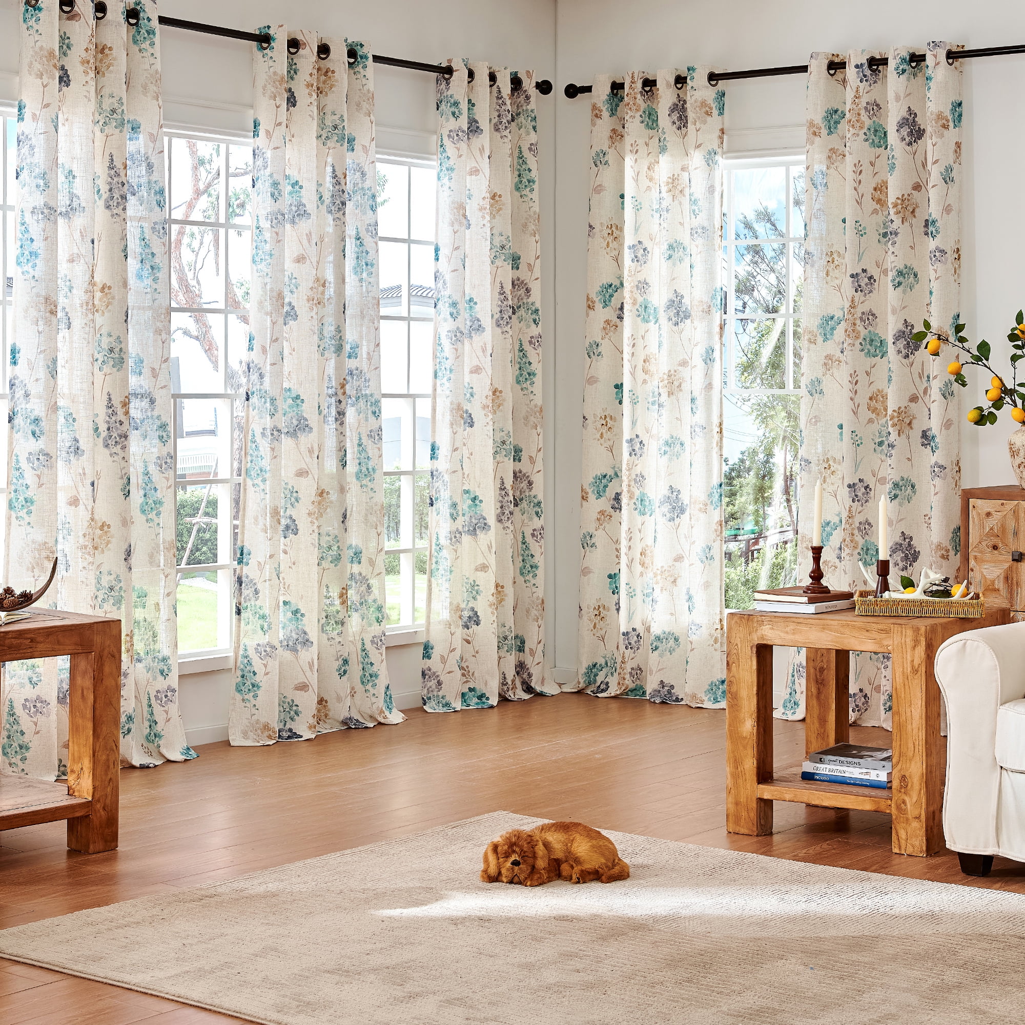 CURTAINKING Farmhouse Linen Curtains for Living Room Bedroom Floral Patterned Light Filtering Linen Blend Curtain Burlap Effect Drape Window Treatments 2 Panels Green Dark Blue and Tan