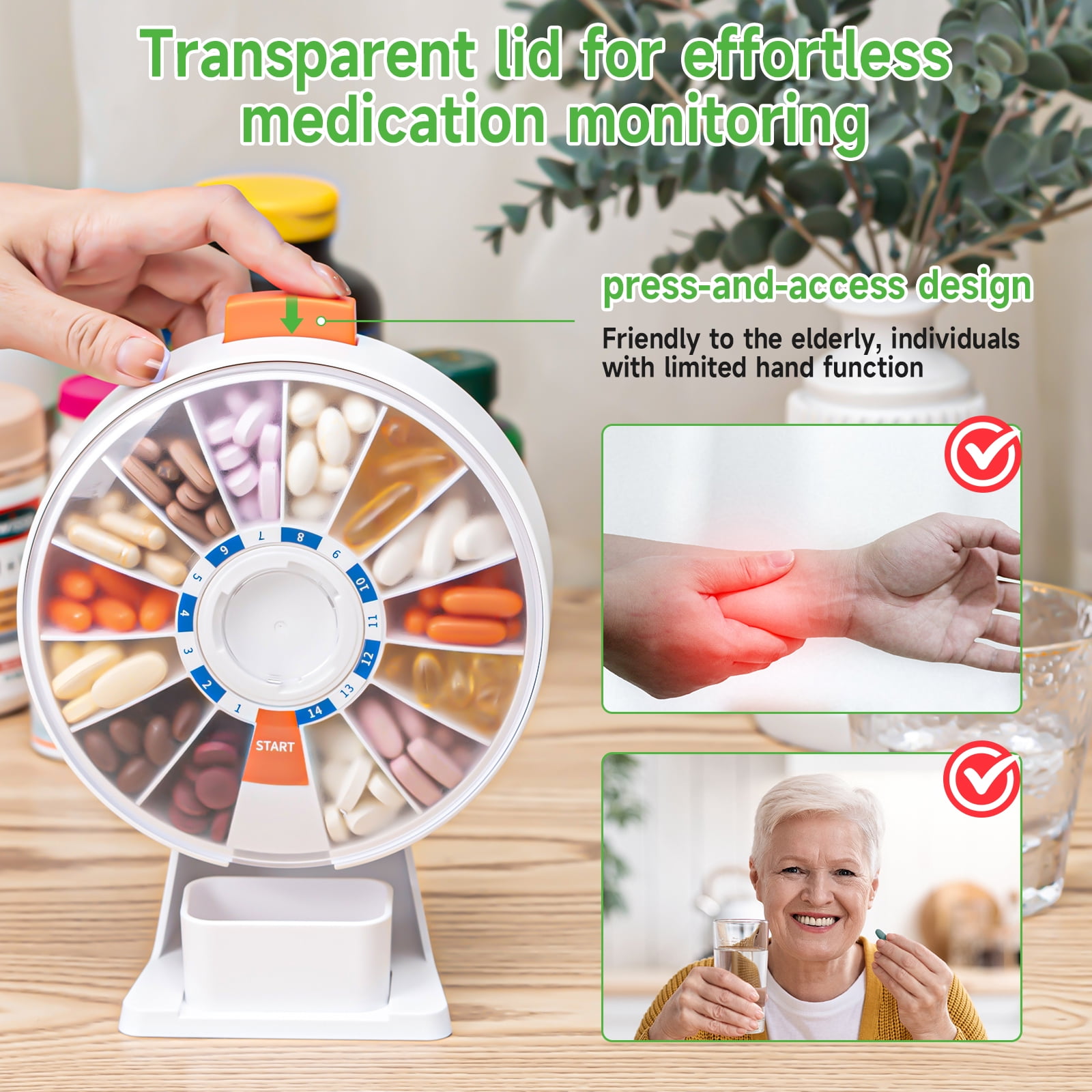 14 Day Pill Dispenser, Large Pill Organizer for Wall-Mounting or Standing Use, Daily Pill Box with Push Button Design, Weekly Pill Organizer for Vitamin and Medicines