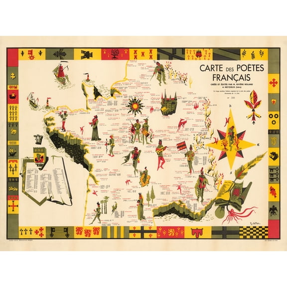 Map Gattaz 1928 French Poets Pictorial Extra Large XL Wall Art Poster Print