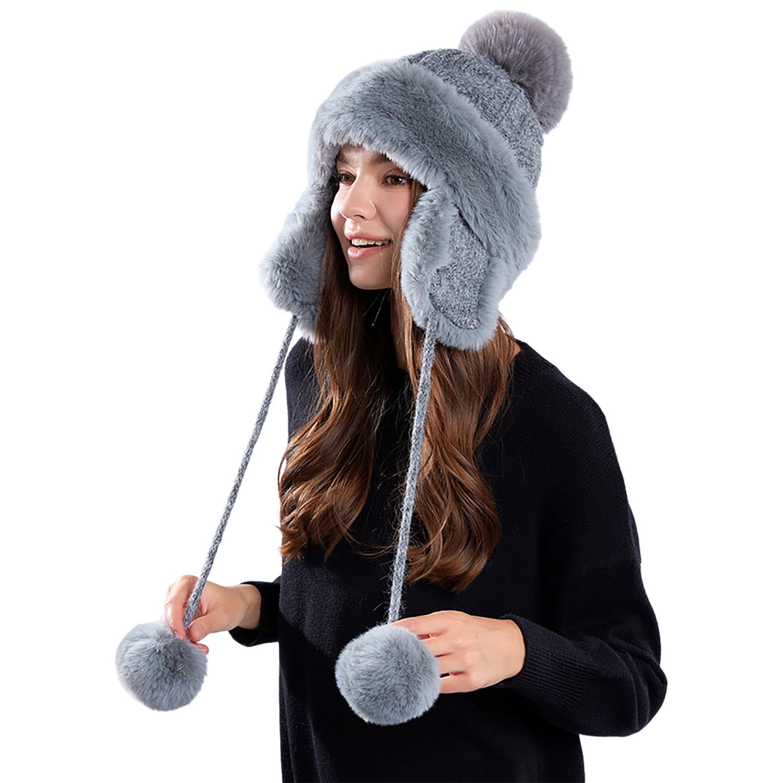 Toptie Womens Winter Fleece Lined Cable Knit Hat Faux Fur Pom Pom