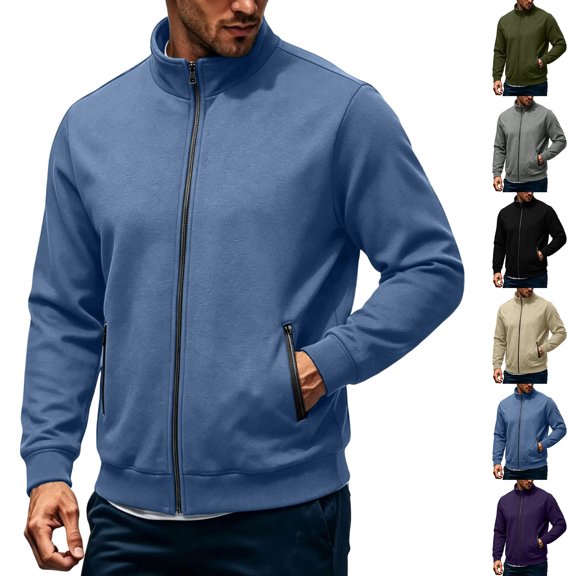 Eygvbb Men's Full Zip Jacket with Stand Collar Side Zipper Pockets Long Sleeve Casual Coat for Daily Commute Work and Outdoor Activities