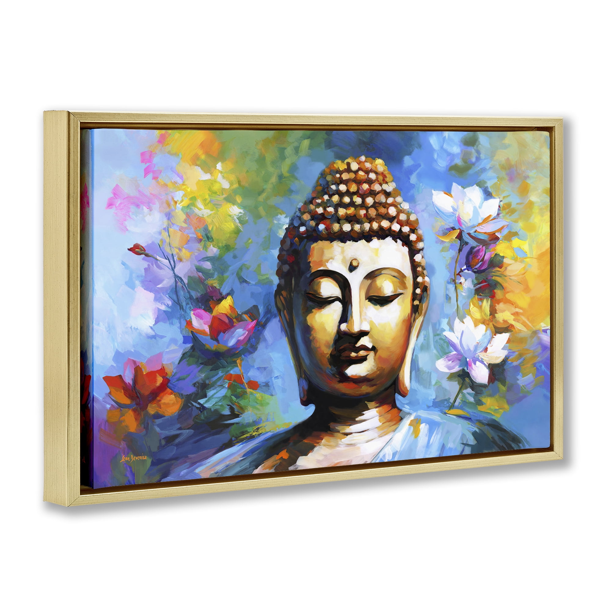 Stupell Industries Buddha with Bright Lotus People Painting Gold Floater Framed Canvas Art Print Wall Art, 25 x 17