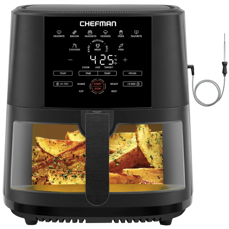 Chefman Black 8 Quart Air Fryer with Cooking Thermometer, 8 Presets,  Easy-View Window, Black 