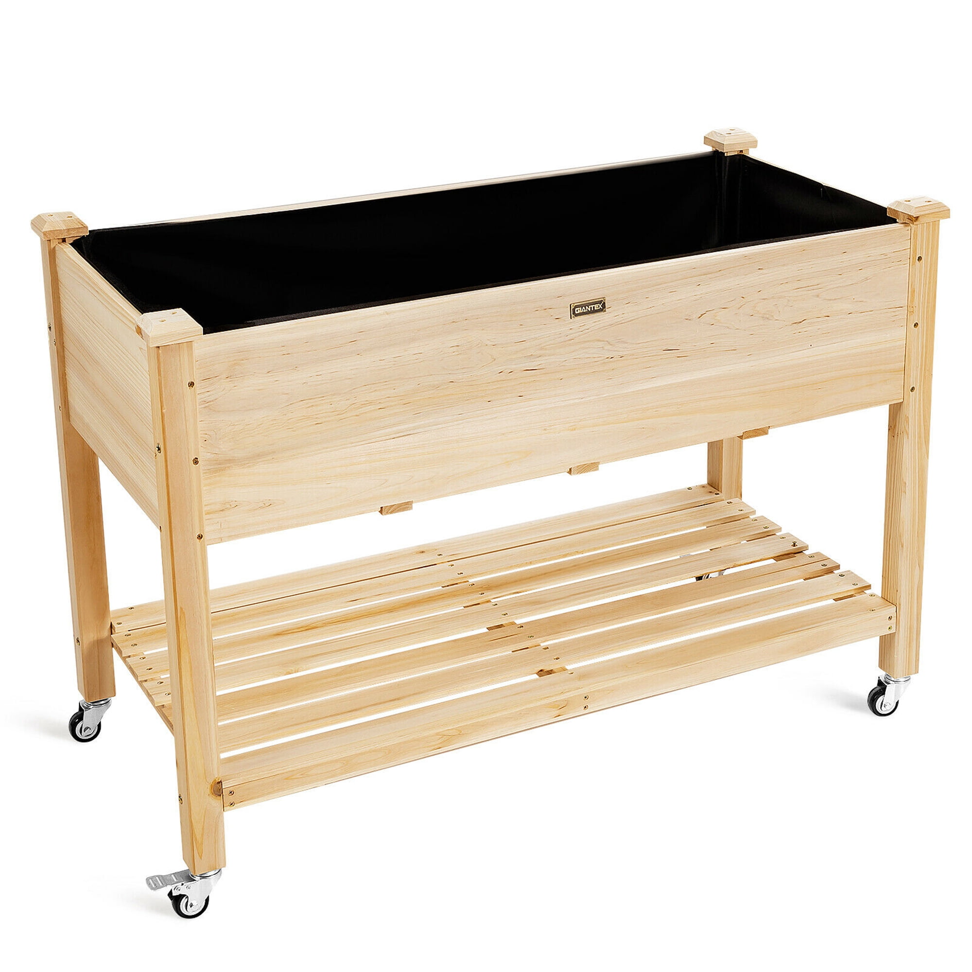 Gymax Raised Garden Bed Wood Elevated Planter Bed w/Lockable Wheels Shelf & Liner