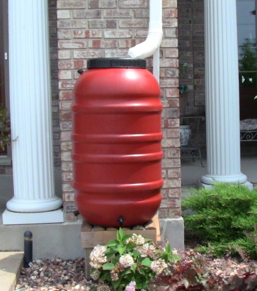 Black FCMP Outdoor RC45 Rain Barrel with Flat Back for Outdoor Plants & Gardens 