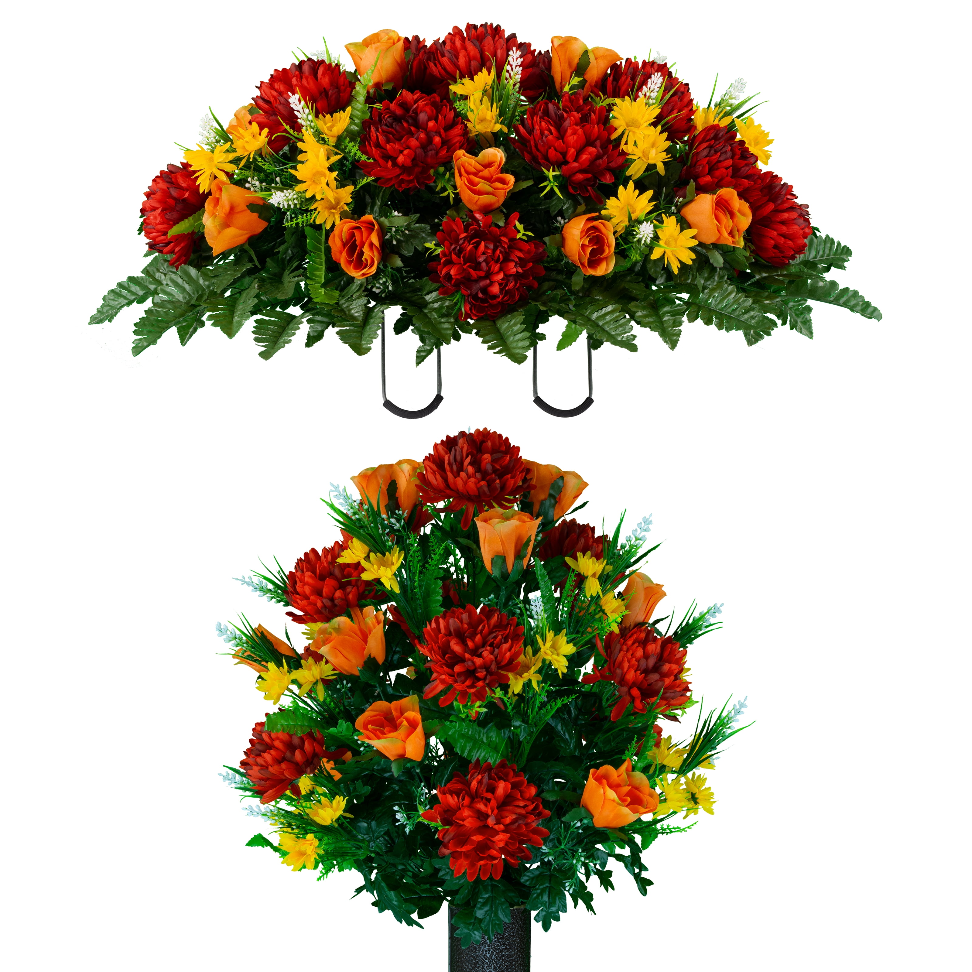Sympathy Silks Artificial Cemetery Flowers Burgundy Mum and Orange