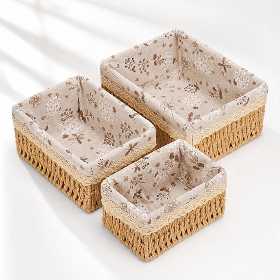 3 Pcs Beige Decorative Wicker Baskets, Handwoven Wicker Baskets with Liner,Multi-size Portable Wicker Storage Baskets for Shelves,Home Decor, Bathroom Storage and Room Organization