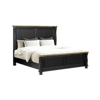 Ginie Queen Bed, Tall Headboard, Farmhouse Legs, Black, Oak Brown Wood
