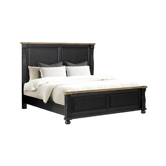 Ginie Queen Bed, Tall Headboard, Farmhouse Legs, Black, Oak Brown Wood