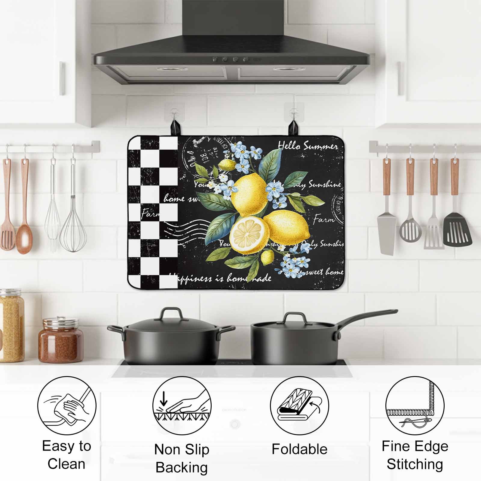 Summer Lemon Stove Top Cover for Electric Stove, Heat-proof & Non Slip Glass Top Stove Cover Protector, Vintage Black Plaid Blue Spring Floral Kitchen Flat Cooktop Rubber Mat 24x21 Inches