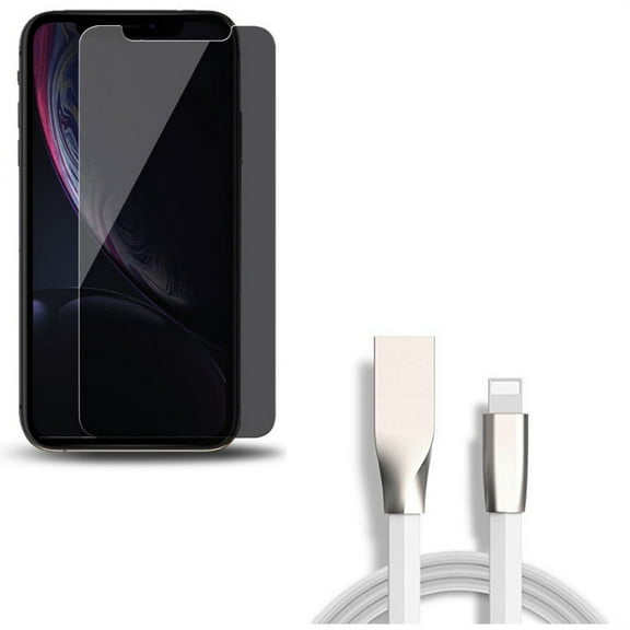 iPhone XS/X - 6ft USB Cable w Tempered Glass Privacy Screen Protector - Flat Charger Cord Power Wire Sync Zinc Alloy, Curved Anti-Spy Anti-Peep 3D Edge Case Friendly