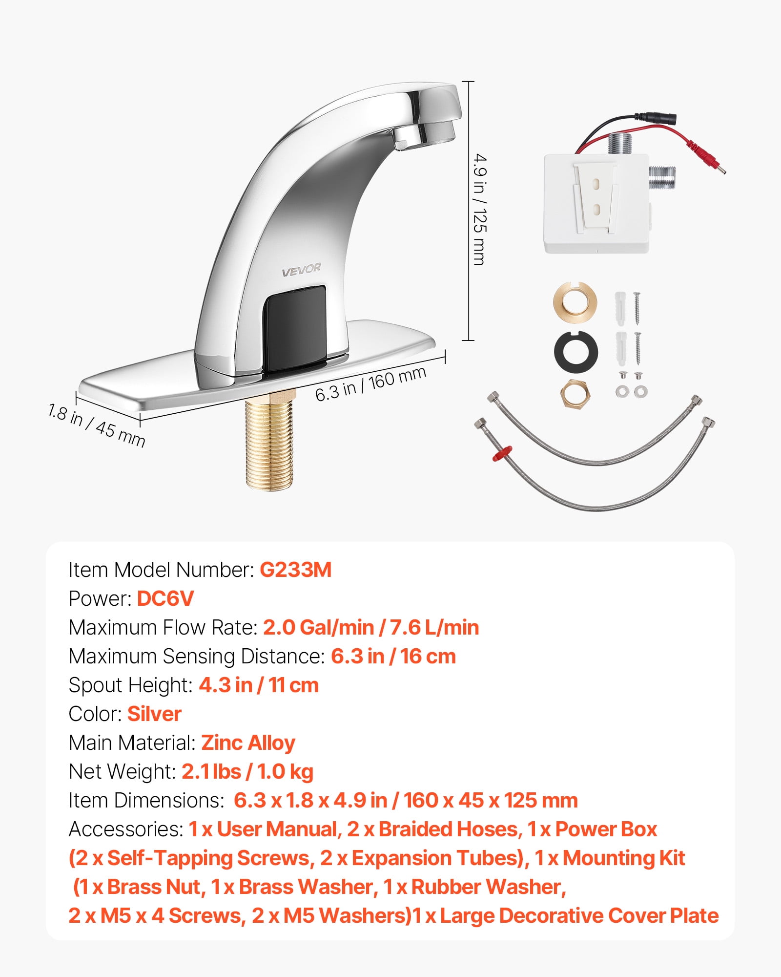 VEVOR Touchless Bathroom Sink Faucet, Automatic Motion Sensor Restroom Toilet Faucet Cold Water with Hole Cover Plate, Battery Operated for 9/16 in Pipe Commercial Lavatory,Chrome Plated Silver,G233M