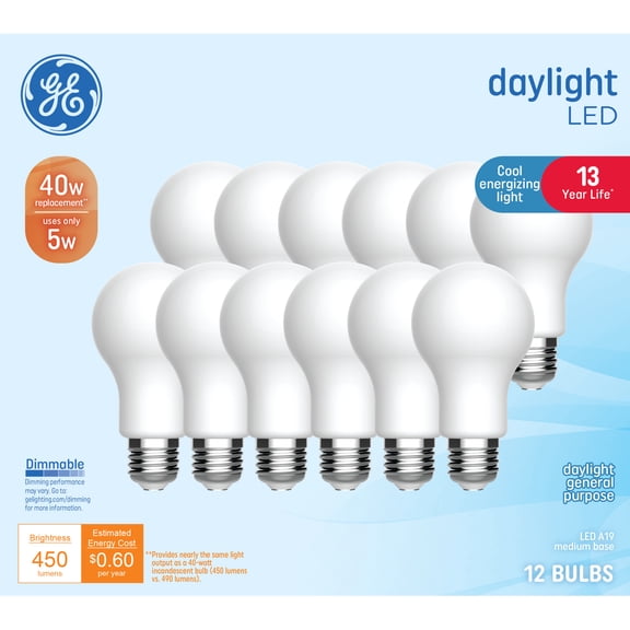 GE General Purpose Bulbs A19 LED Light Bulbs, 40 Watt Replacement, Daylight (12 Pack)