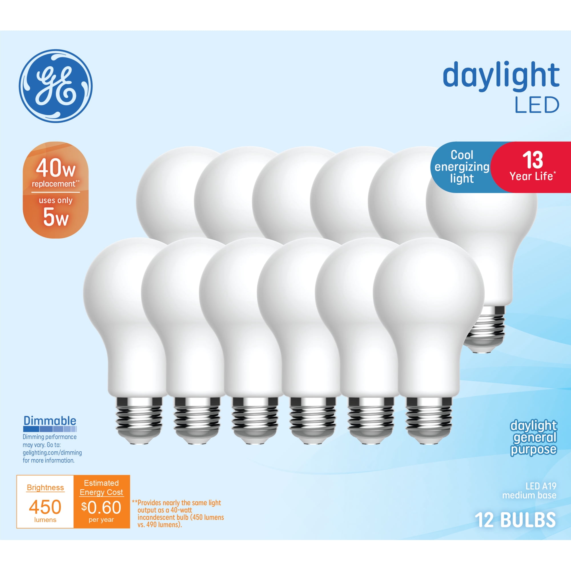 GE General Purpose Bulbs A19 LED Light Bulbs, 40 Watt Replacement, Daylight (12 Pack)