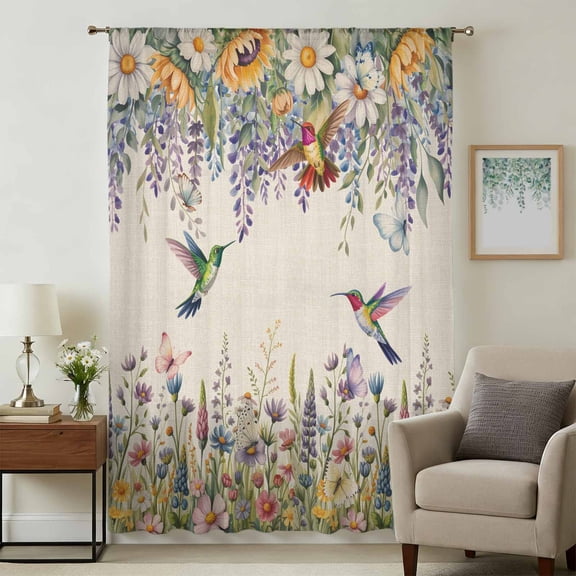 Spring Floral Sheer Curtains 96 Inches Long, Daisy Sunflowers Wisteria Hummingbird Beige Light Filering Curtains, Privacy Drapes Simi Floor to Veiling Curtain for Living Room Bedroom Window Treatment