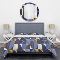 Designart 'Retro Luxury Waves In Gold And Blue IV' Mid-Century Modern Duvet Cover Set