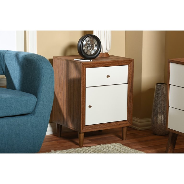 Baxton Studio Harlow Mid century Modern Scandinavian Style White and Walnut Wood 1 drawer and 1 door Nightstand