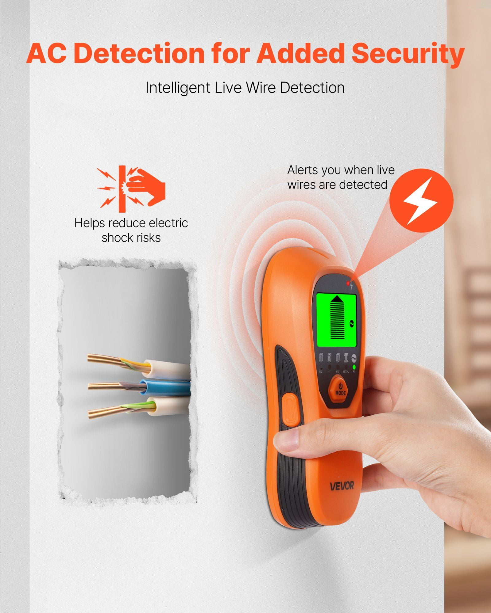 5 in 1 Electronic Wall Stud Detector with Smart Sensor HD LCD Display Audio Alarm for Metal AC Wire Joists Pipes Center Edge Detection Orange