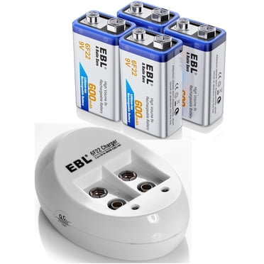 EBL 4 Pack Rechargeable Batteries 9V Max 600mAh Li-ion 9 Volt Battery Charger