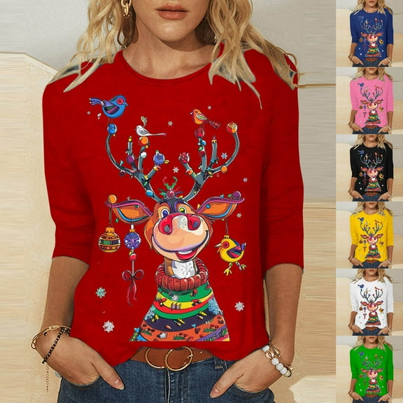 Jsaierl Christmas Shirts Women Cute Reindeer Graphic Tees Classic Crewneck T-shirt 3/4 Sleeve Tunic Blouse Tops Christmas Gifts