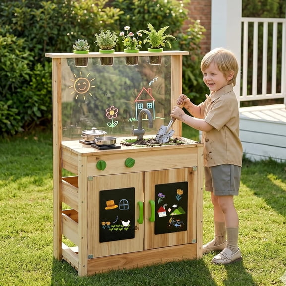 OLAKIDS Mud Kitchen, Outdoor Toys Play Kitchen with Acrylic Drawing Board Blackboard 4 Cups Removable Sink Cooking Accessories Wooden Kids Kitchen Playset Backyard Garden Gift for Boys Girls Ages 3 