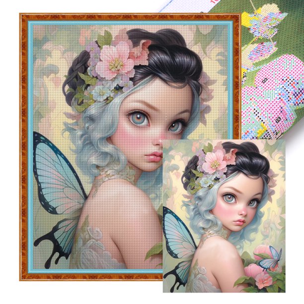 Hilo Algodón Ecológico Bordado Punto Cruz Con Hada Y Mariposa 11CT 50x60cm