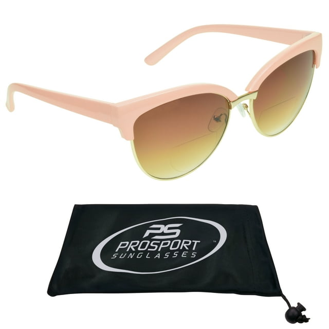 proSPORT Women Bifocal Reading Cateye Fashion Horn Rim Sunglasses Pink Gold Frame Brown Lens +1.50