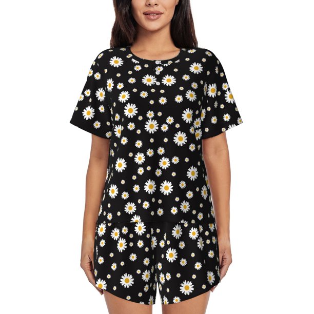 Fotbe Daisy Conjunto de Pijama Estampado para Mujer, 2 Piezas, Ropa de Dormir con Camiseta de Manga Corta y Shorts Suaves-Medium