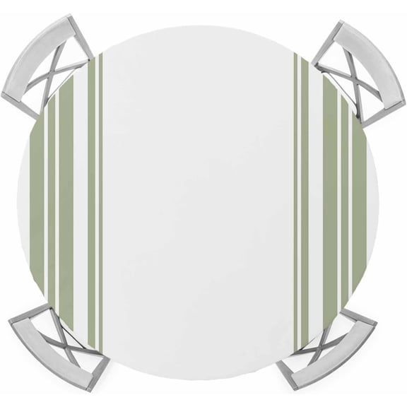 Sage Green Striped Round Tablecloth, Fitted Table Cover with Elastic for 45-52 Round Tables, Stripes Farmhouse Modern Table Cloth Outdoor Indoor Dinning Party Waterproof Tablecloths