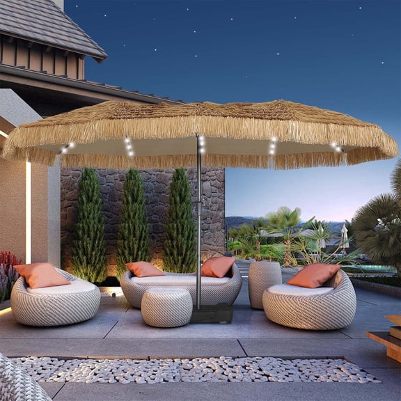 Autlaycil 15 ft Solar Tiki Umbrella with Sandbags Base, 48 LED Lights, Thatched, Hawaiian, Pool, Patio, Beach