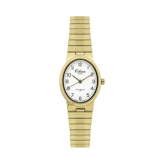 Orlean Womens Oval Extra Long (XL) Easy to Read Stretch Watch - Full 316L Stainless Steel Watch & Expansion Band - 27mm Analog Ladies Wrist Watches - White Dial - Gold