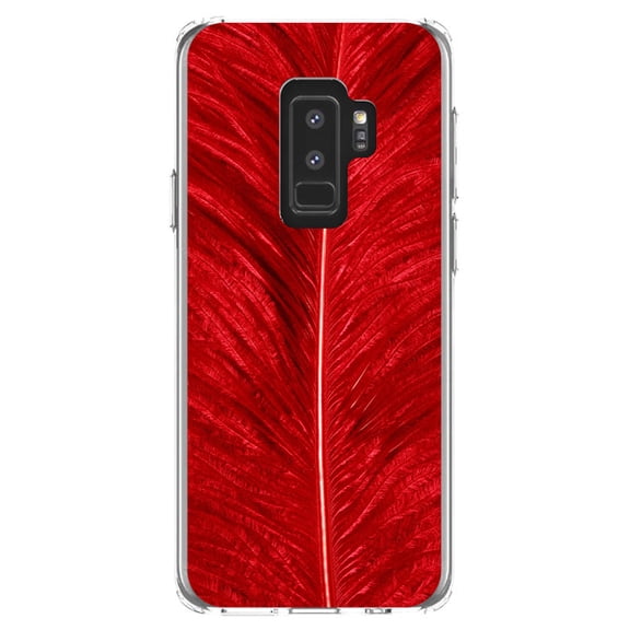DistinctInk Clear Shockproof Hybrid Case for Samsung Galaxy S9  PLUS (6.2" Screen) - TPU Bumper, Acrylic Back, Tempered Glass Screen Protector - Red Feather Texture